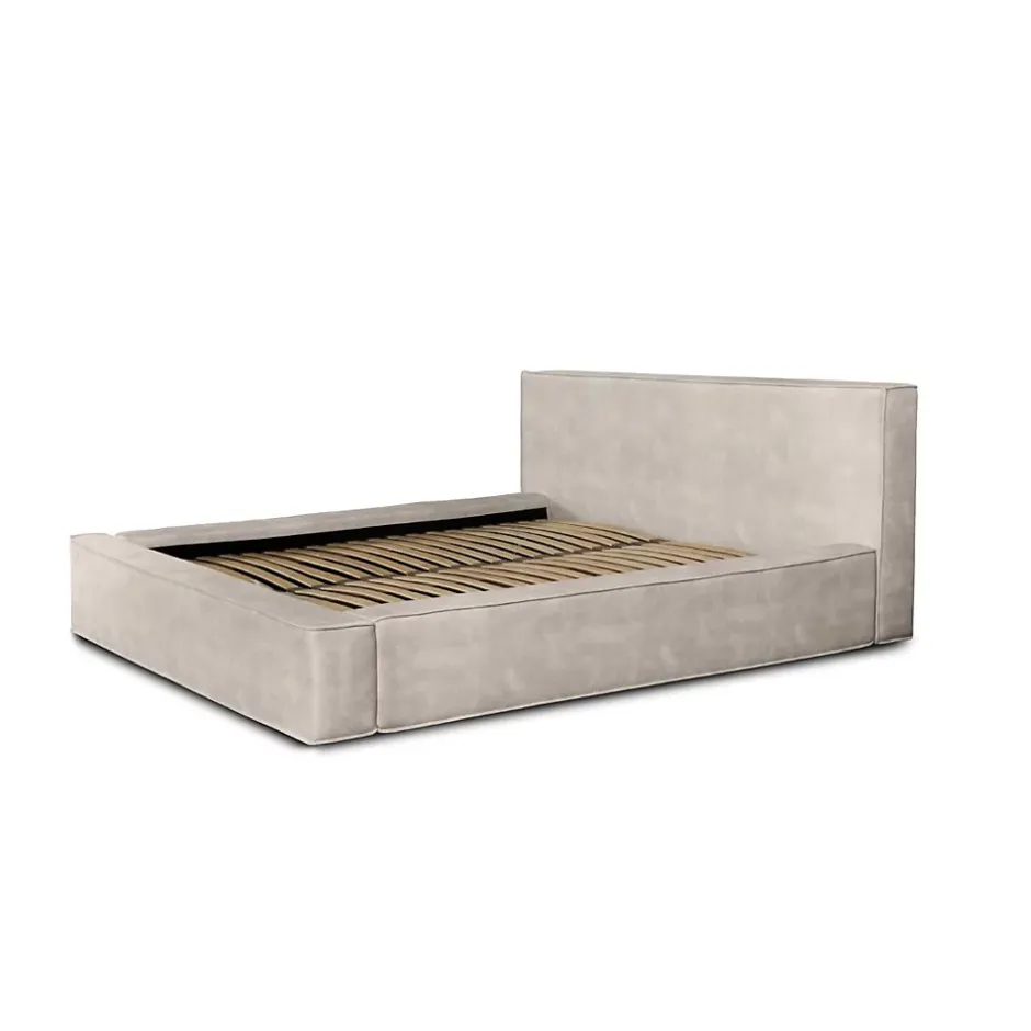 Meublorama Lit coffre VELORA Sable 140x200 cm Tissu velours doux Sommier relevable Rangement intégré