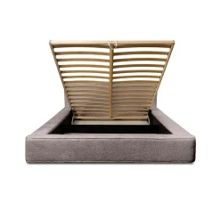 Meublorama Lit coffre VELORA Taupe rosé bouclé 180x200 cm Tissu velours doux Sommier relevable Rangement intégré