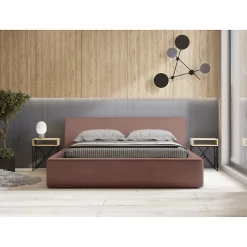 Meublorama Lit coffre VELORA Terre-cuite bouclé 160x200 cm Tissu velours doux Sommier relevable Rangement intégré