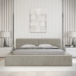 Meublorama Lit coffre VERNON Tissu chenille bouclé Taupe fumé 160x200 cm Sommier relevable Design haut de gamme Hot