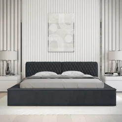 Meublorama Lit coffre VERNON Tissu chenille bouclé Charbon bleu 160x200 cm Sommier relevable Design haut de gamme Hot