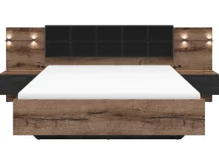 Pegane Lit coffre 160x200 + 2 tables de chevet éclairage LED avec sommier et rangement coloris Chêne marron foncé/Chêne noir