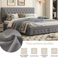 Generique Lit coffre 180x200 avec 2 tiroirs, Lit rembourré avec sommier à lattes, tissu en velours et décoration de boutons, gris