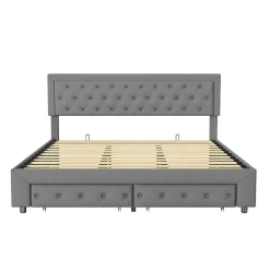 Generique Lit coffre 180x200 avec 2 tiroirs, Lit rembourré avec sommier à lattes, tissu en velours et décoration de boutons, gris