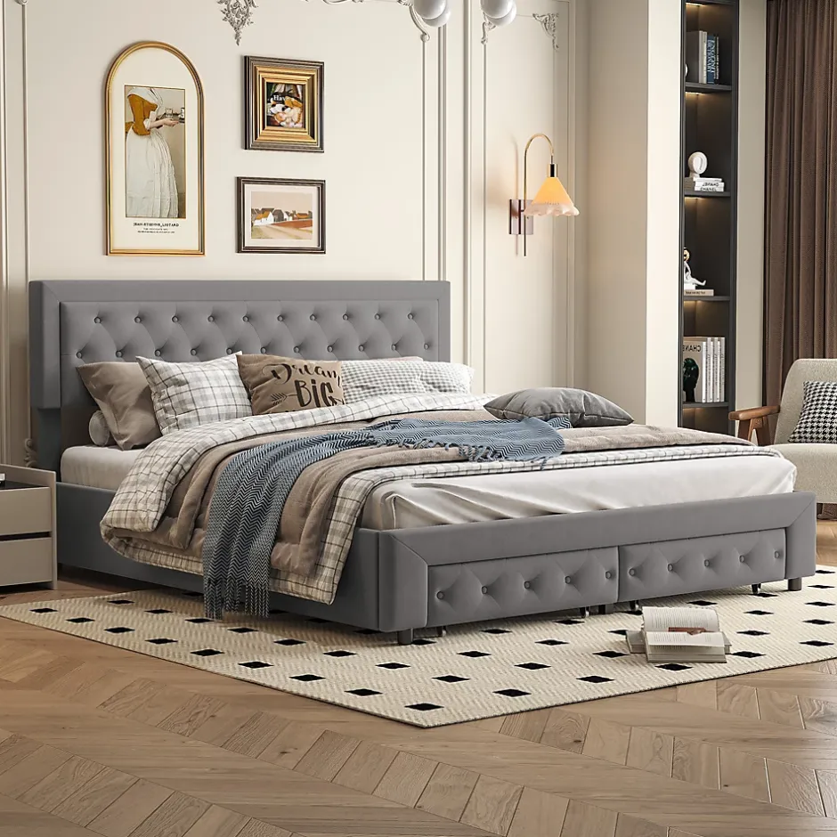 Generique Lit coffre 180x200 avec 2 tiroirs, Lit rembourré avec sommier à lattes, tissu en velours et décoration de boutons, gris