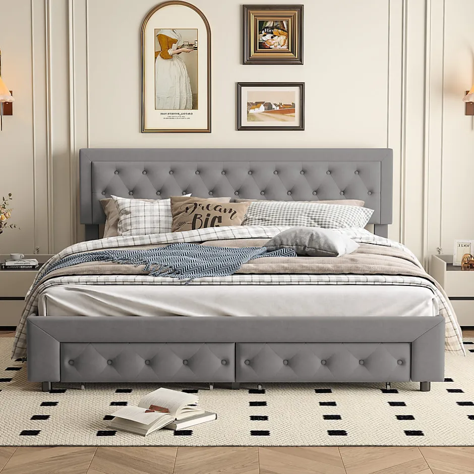 Generique Lit coffre 180x200 avec 2 tiroirs, Lit rembourré avec sommier à lattes, tissu en velours et décoration de boutons, gris