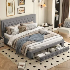 Generique Lit coffre 180x200 avec 2 tiroirs, Lit rembourré avec sommier à lattes, tissu en velours et décoration de boutons, gris