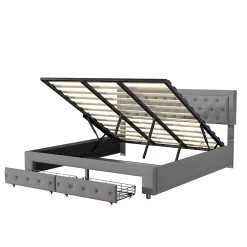 Generique Lit coffre 180x200 avec 2 tiroirs, Lit rembourré avec sommier à lattes, tissu en velours et décoration de boutons, gris