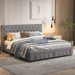 Generique Lit coffre 180x200 avec 2 tiroirs, Lit rembourré avec sommier à lattes, tissu en velours et décoration de boutons, gris