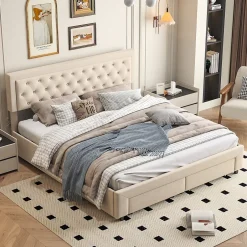 ProximaX Lit coffre 160x200 avec 2 tiroirs, Lit rembourré avec sommier à lattes, tissu en velours et décoration de boutons, beige Online
