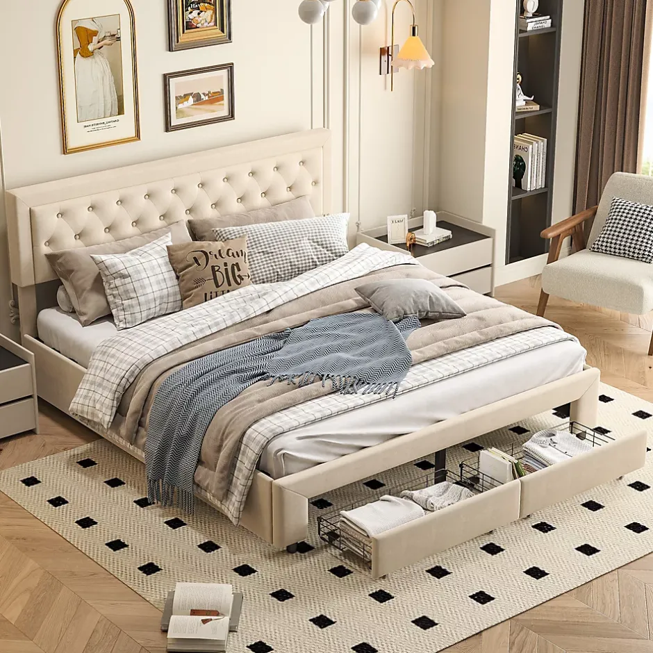 ProximaX Lit coffre 160x200 avec 2 tiroirs, Lit rembourré avec sommier à lattes, tissu en velours et décoration de boutons, beige Online
