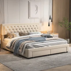 ProximaX Lit coffre 160x200 avec 2 tiroirs, Lit rembourré avec sommier à lattes, tissu en velours et décoration de boutons, beige Online