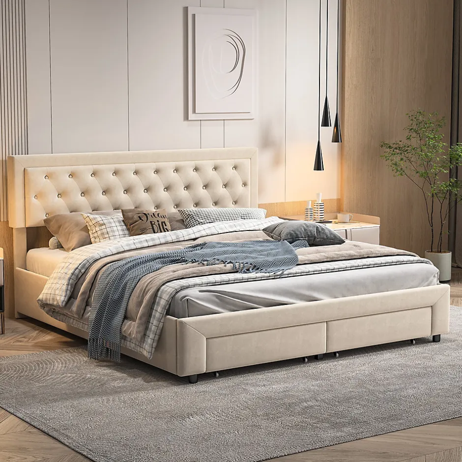 ProximaX Lit coffre 160x200 avec 2 tiroirs, Lit rembourré avec sommier à lattes, tissu en velours et décoration de boutons, beige Online