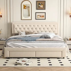 ProximaX Lit coffre 160x200 avec 2 tiroirs, Lit rembourré avec sommier à lattes, tissu en velours et décoration de boutons, beige Online