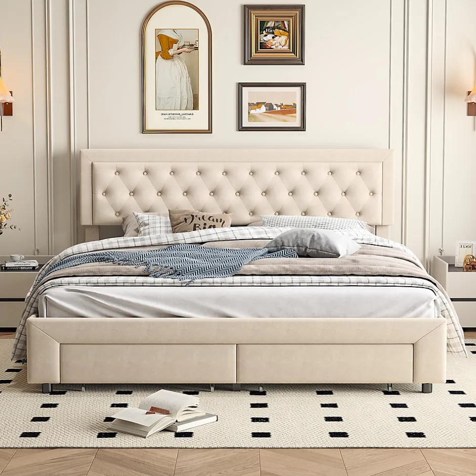 ProximaX Lit coffre 160x200 avec 2 tiroirs, Lit rembourré avec sommier à lattes, tissu en velours et décoration de boutons, beige Online