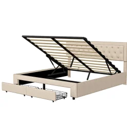 ProximaX Lit coffre 160x200 avec 2 tiroirs, Lit rembourré avec sommier à lattes, tissu en velours et décoration de boutons, beige Online