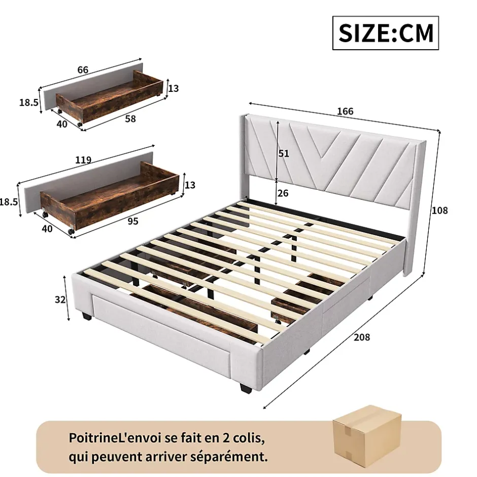 Simple Life Lit coffre 160x200 avec 3 tiroirs, lit tapissé avec sommier à lattes, lit double, beige New