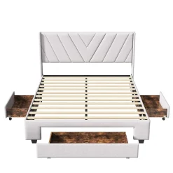 Simple Life Lit coffre 160x200 avec 3 tiroirs, lit tapissé avec sommier à lattes, lit double, beige New