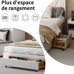 Simple Life Lit coffre 160x200 avec 3 tiroirs, lit tapissé avec sommier à lattes, lit double, beige New