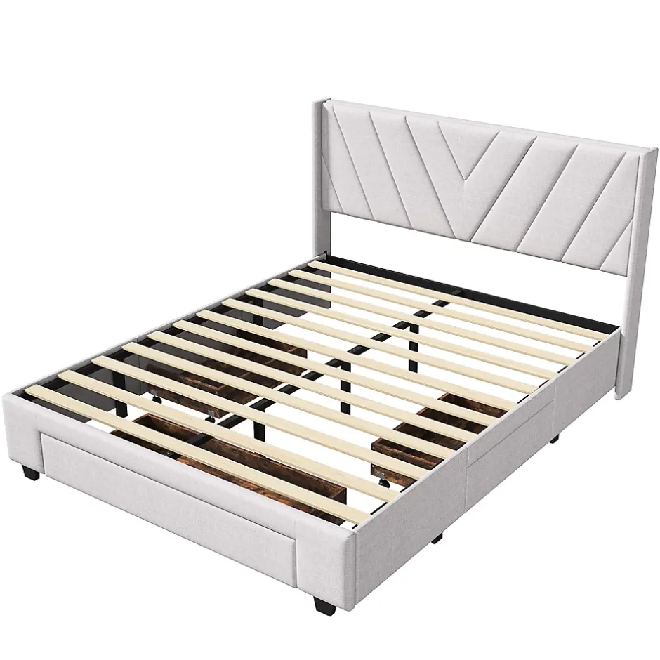 Simple Life Lit coffre 160x200 avec 3 tiroirs, lit tapissé avec sommier à lattes, lit double, beige New