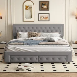 Generique Lit coffre 160x200 avec 2 tiroirs, Lit rembourré avec sommier à lattes, tissu en velours et décoration de boutons, gris