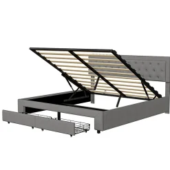 Generique Lit coffre 160x200 avec 2 tiroirs, Lit rembourré avec sommier à lattes, tissu en velours et décoration de boutons, gris