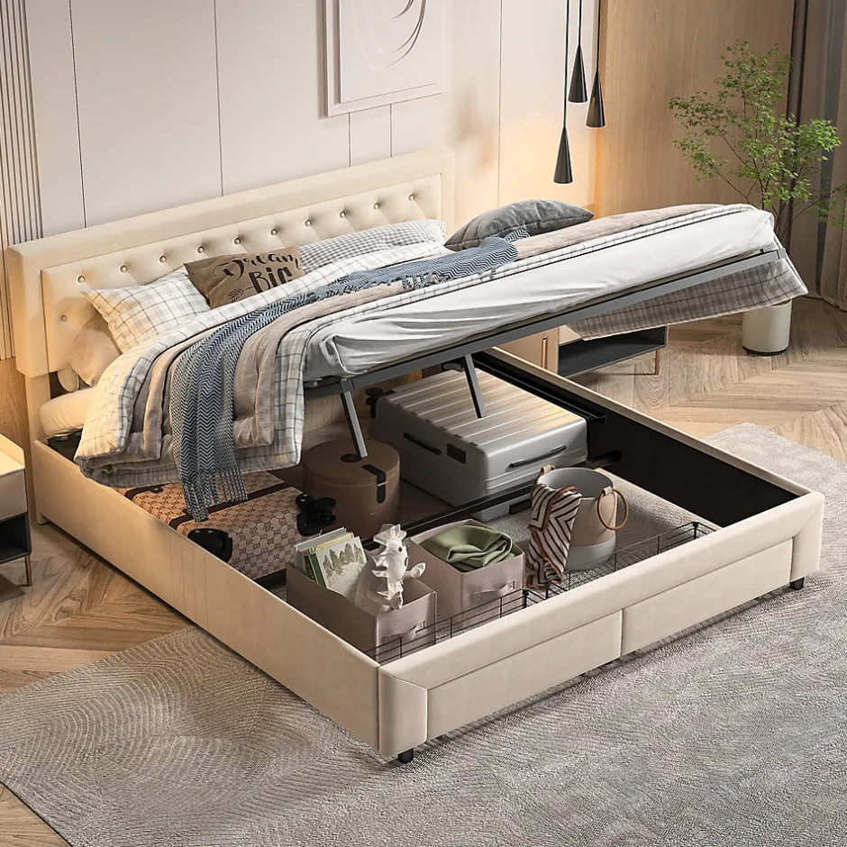Generique Lit coffre 160x200 avec 2 tiroirs, Lit rembourré avec sommier à lattes, tissu en velours et décoration de boutons, beige