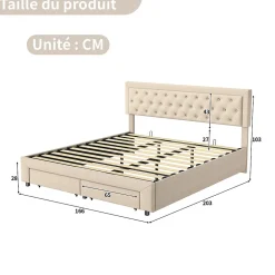 Generique Lit coffre 160x200 avec 2 tiroirs, Lit rembourré avec sommier à lattes, tissu en velours et décoration de boutons, beige
