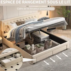 Generique Lit coffre 160x200 avec 2 tiroirs, Lit rembourré avec sommier à lattes, tissu en velours et décoration de boutons, beige