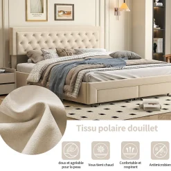 Generique Lit coffre 160x200 avec 2 tiroirs, Lit rembourré avec sommier à lattes, tissu en velours et décoration de boutons, beige