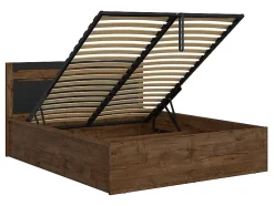 Pegane Lit coffre 140x200 avec cadre sommier et rangement,,coloris Chêne foncé/Noir mat - L. 205,5 x P. 149,5 x H. 41-96,5 cm Clearance