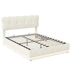 Simple Life Lit Coffre 160x200 avec éclairage LED, Lit capitonné avec Sommier à Lattes, Velours, Beige