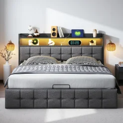 ProximaX Lit Coffre 160x200 avec Rangement, LED, Sommier à Lattes, Prises USB/Type-C, Lit Double en Lin, Gris