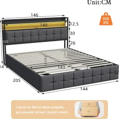 Simple Life Lit Coffre 140x200 avec Rangement et éclairage LED, Sommier à Lattes, Lit Double avec USB et Type-C, Lit 2 Personnes, Lin, Gris