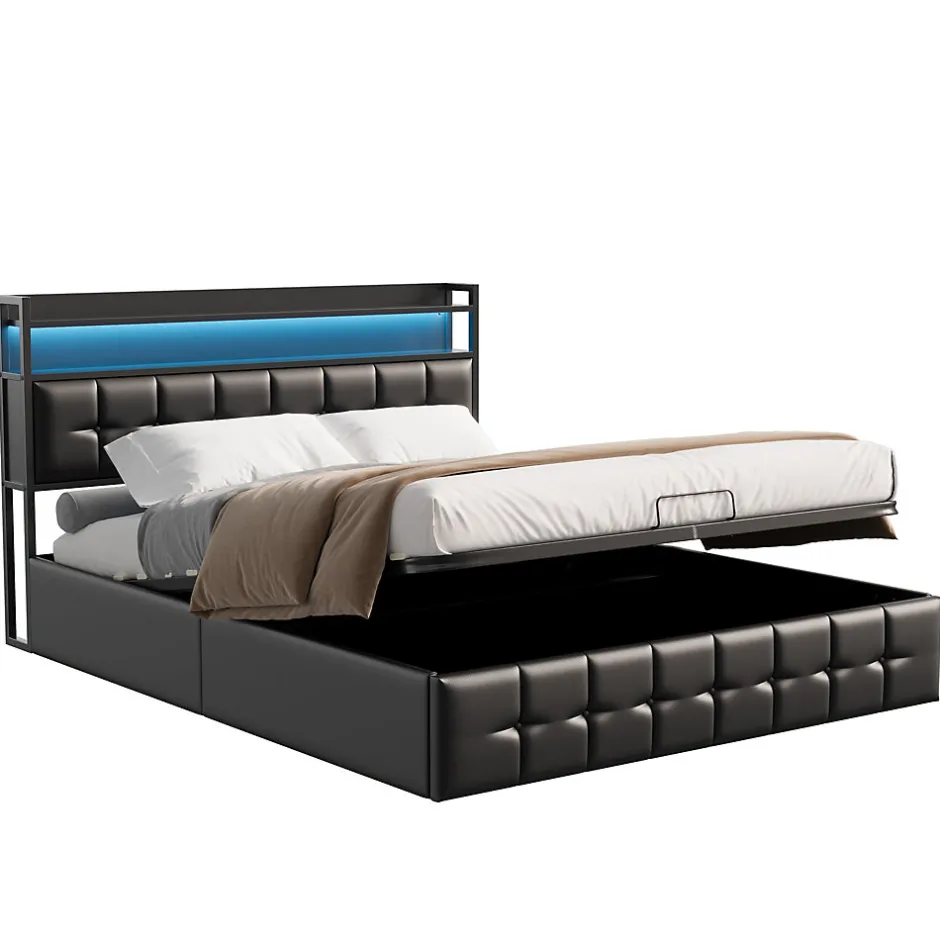 Fortuna lai Lit Coffre 160x200 avec Rangement et éclairage LED, Lit 160x200 avec Sommier à Lattes,USB et Type-C,PU, Noir