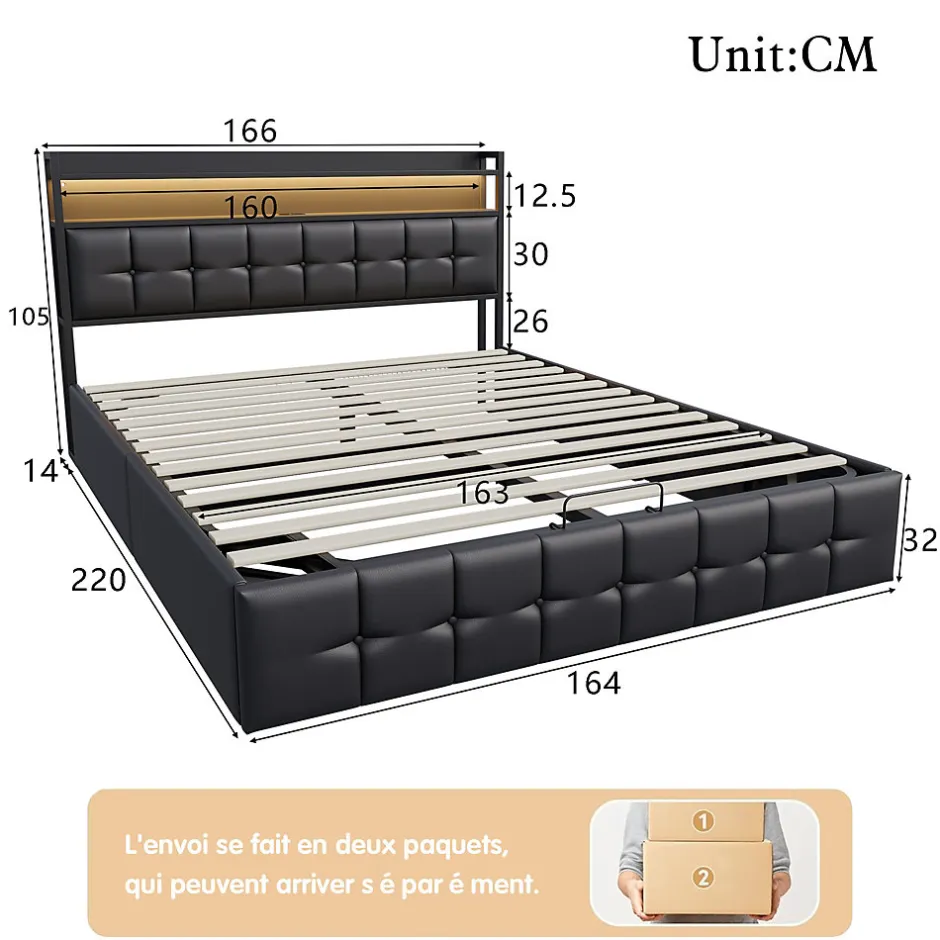 Fortuna lai Lit Coffre 160x200 avec Rangement et éclairage LED, Lit 160x200 avec Sommier à Lattes,USB et Type-C,PU, Noir
