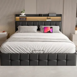 Fortuna lai Lit Coffre 160x200 avec Rangement et éclairage LED, Lit 160x200 avec Sommier à Lattes,USB et Type-C,PU, Noir