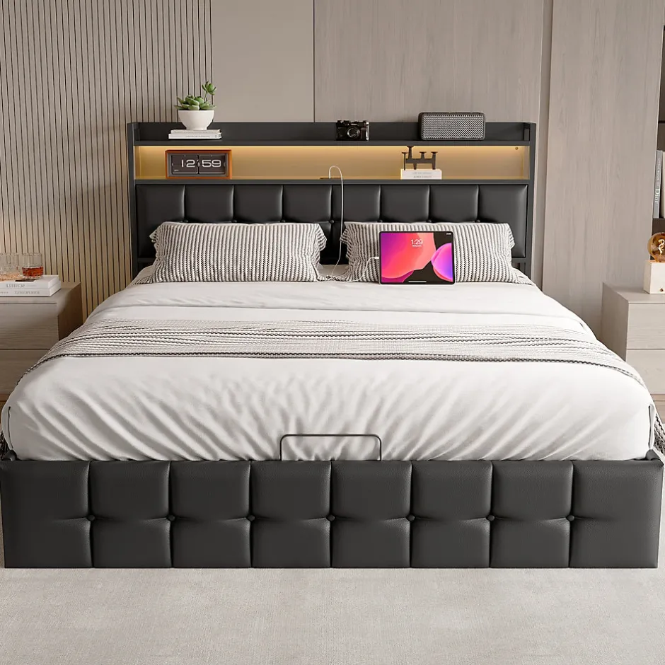 Fortuna lai Lit Coffre 160x200 avec Rangement et éclairage LED, Lit 160x200 avec Sommier à Lattes,USB et Type-C,PU, Noir