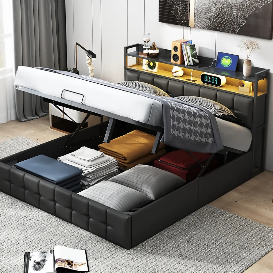 Fortuna lai Lit Coffre 160x200 avec Rangement et éclairage LED, Lit 160x200 avec Sommier à Lattes,USB et Type-C,PU, Noir