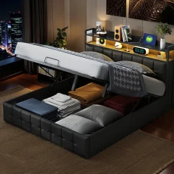 Fortuna lai Lit Coffre 160x200 avec Rangement et éclairage LED, Lit 160x200 avec Sommier à Lattes,USB et Type-C,PU, Noir