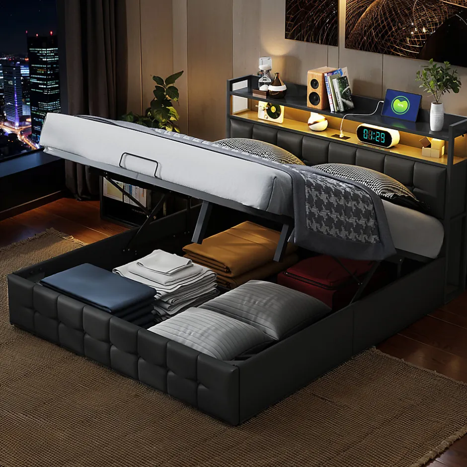 Fortuna lai Lit Coffre 160x200 avec Rangement et éclairage LED, Lit 160x200 avec Sommier à Lattes,USB et Type-C,PU, Noir