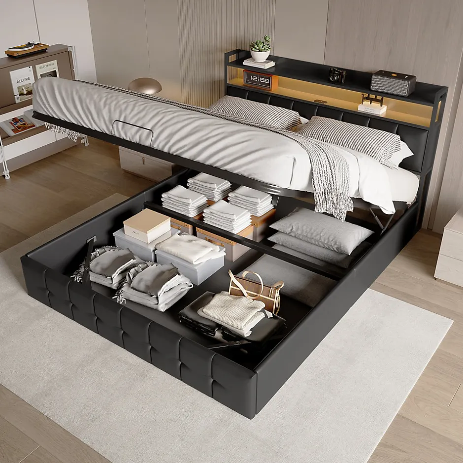 Fortuna lai Lit Coffre 160x200 avec Rangement et éclairage LED, Lit 160x200 avec Sommier à Lattes,USB et Type-C,PU, Noir