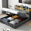 ProximaX Lit Coffre 160x200 avec Rangement, LED, Sommier à Lattes, Prises USB/Type-C, Lit Double en Lin, Gris