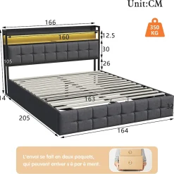 ProximaX Lit Coffre 160x200 avec Rangement, LED, Sommier à Lattes, Prises USB/Type-C, Lit Double en Lin, Gris