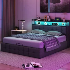 ProximaX Lit Coffre 160x200 avec Rangement, LED, Sommier à Lattes, Prises USB/Type-C, Lit Double en Lin, Gris
