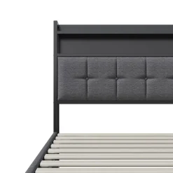 ProximaX Lit Coffre 160x200 avec Rangement, LED, Sommier à Lattes, Prises USB/Type-C, Lit Double en Lin, Gris