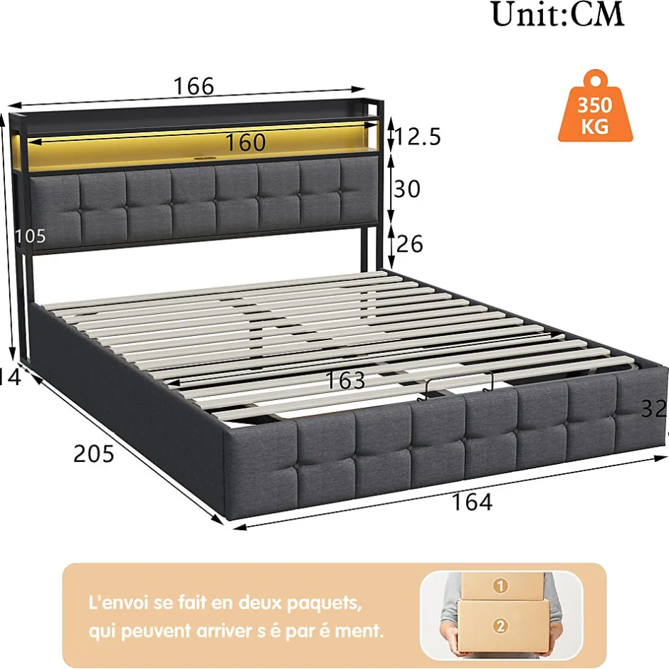 Simple Life Lit Coffre 160x200 avec Rangement et éclairage LED, Sommier à Lattes, Lit Double avec USB et Type-C, Lit 2 Personnes, Lin, Gris