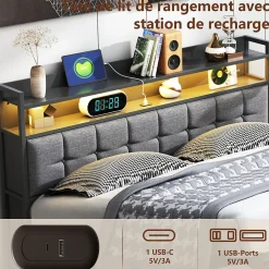 Simple Life Lit Coffre 160x200 avec Rangement et éclairage LED, Sommier à Lattes, Lit Double avec USB et Type-C, Lit 2 Personnes, Lin, Gris