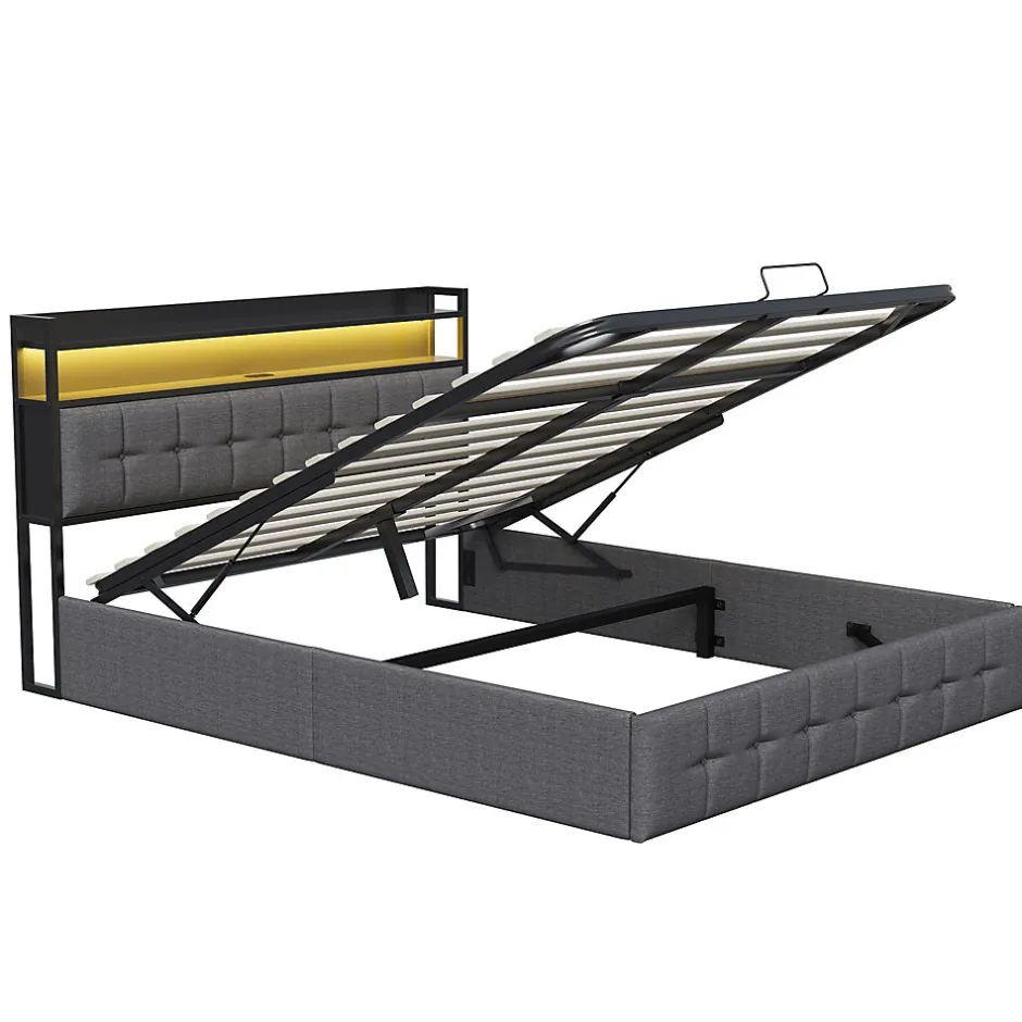 Simple Life Lit Coffre 160x200 avec Rangement et éclairage LED, Sommier à Lattes, Lit Double avec USB et Type-C, Lit 2 Personnes, Lin, Gris