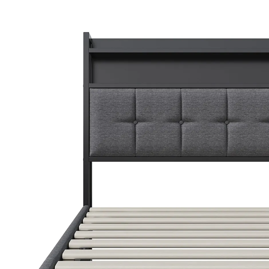 Simple Life Lit Coffre 160x200 avec Rangement et éclairage LED, Sommier à Lattes, Lit Double avec USB et Type-C, Lit 2 Personnes, Lin, Gris